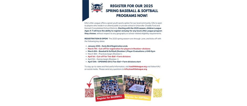 REGISTER NOW!  KAU Spring Baseball & Softball